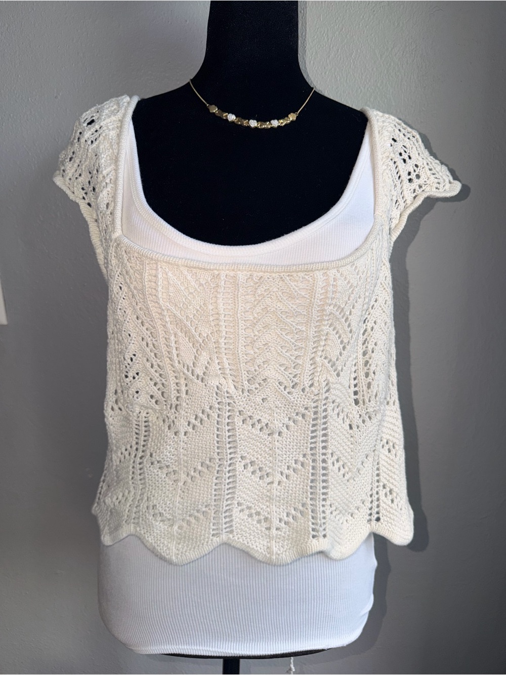 Aeropostale Women's Cream Crochet Knit Overlay Tank Top